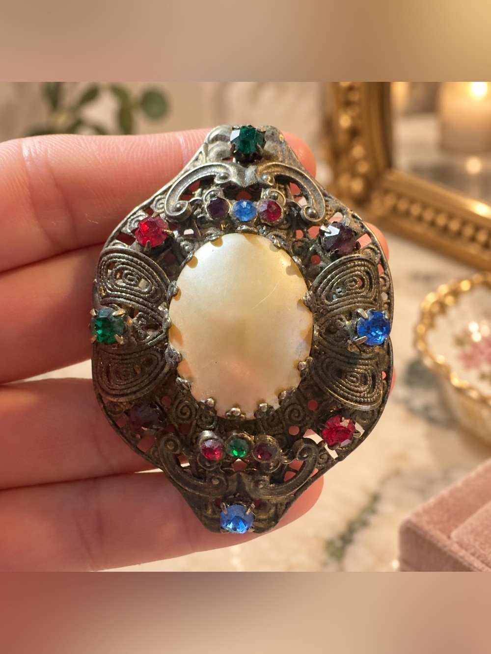 Vintage Multicolor Rhinestone Filigree Cabochon Brooch